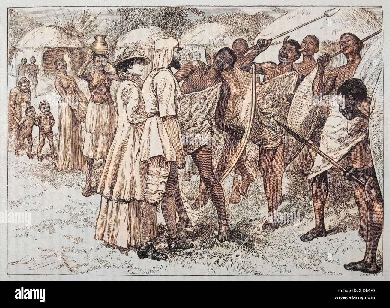 Sir Samuel und Lady Baker wurden von Einheimischen in der Nähe der Karuma-Fälle in Uganda, Afrika begrüßt. Colorierte Version von : 10002200 Datum: Ca. 1872 Stockfoto