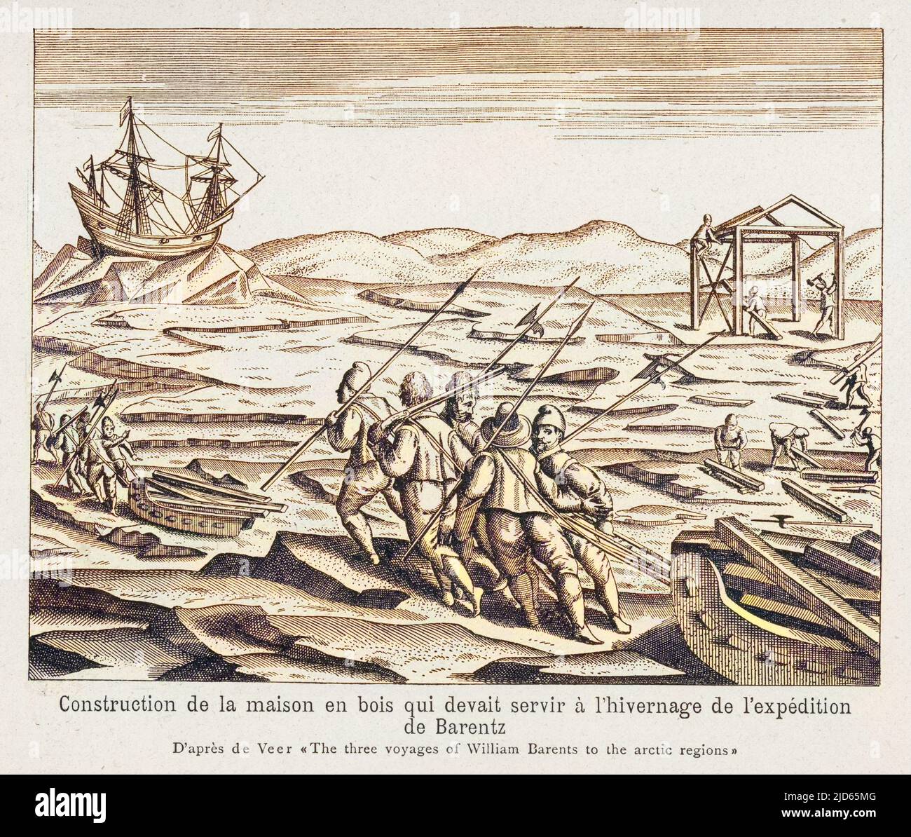 Ziehen von Baumaterialien für die Winterquartiere auf Ledyanaya Gavan (Ice Haven), Russland während der Polarexpedition von Willem Barents Colorized Version of : 10002859 Datum: 1596 Stockfoto