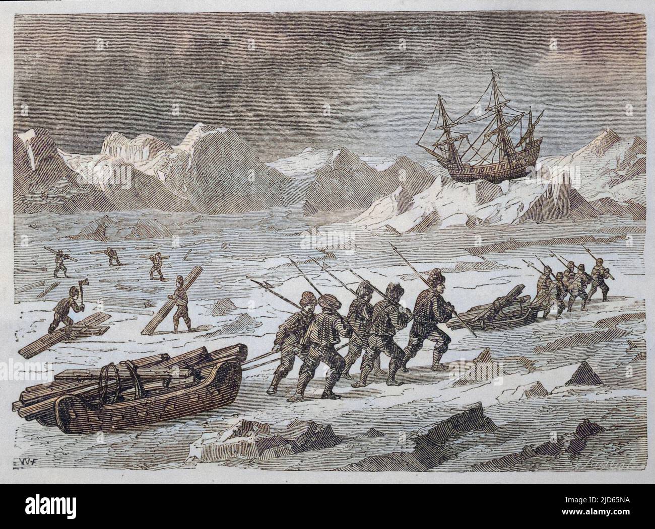 Drag-Materialien für das Haus auf Ledyanaya Gavan (Eishafen), Russland, während der Willem Barents Polarexpedition Colorized Version von : 10002856 Datum: 1596 Stockfoto