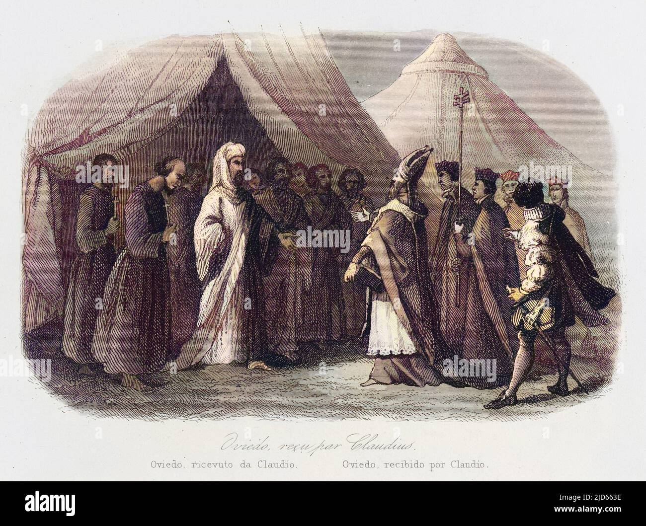 Claudius, Anführer der äthiopischen Christen, sagt dem Gesandten Oviedo, er werde sich dem Papst nicht unterwerfen. Kolorierte Version von : 10005003 Datum: 1558 Stockfoto