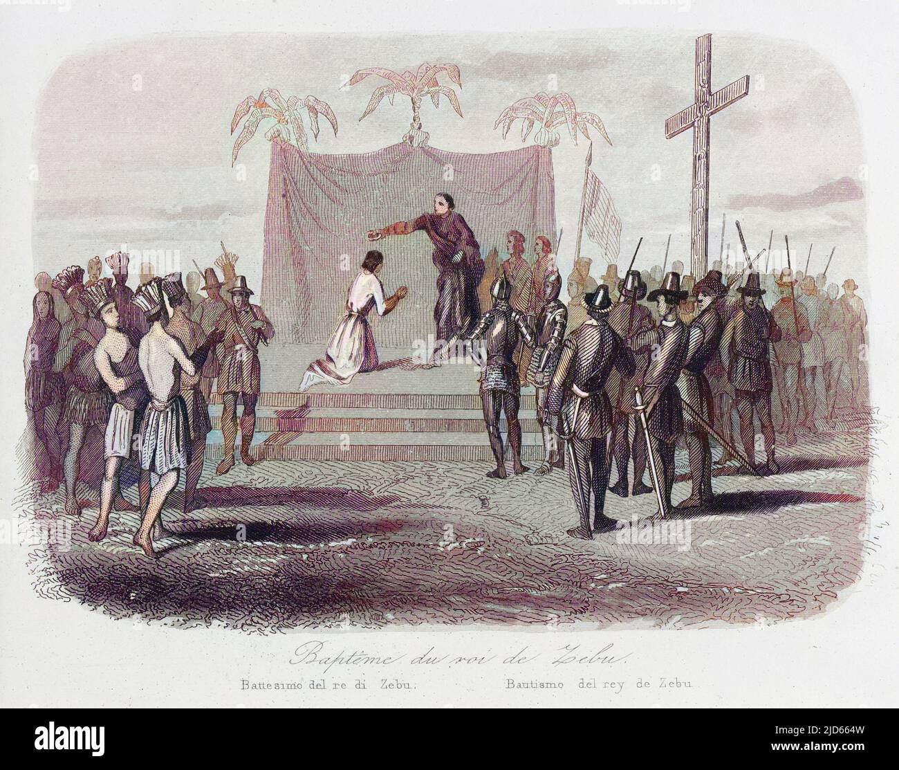 Humabon, König von Cebu auf den Philippinen, wird getauft, als Magelhaes (Magellan) seine Insel besucht. Kolorierte Version von : 10005025 Datum: 14. April 1521 Stockfoto