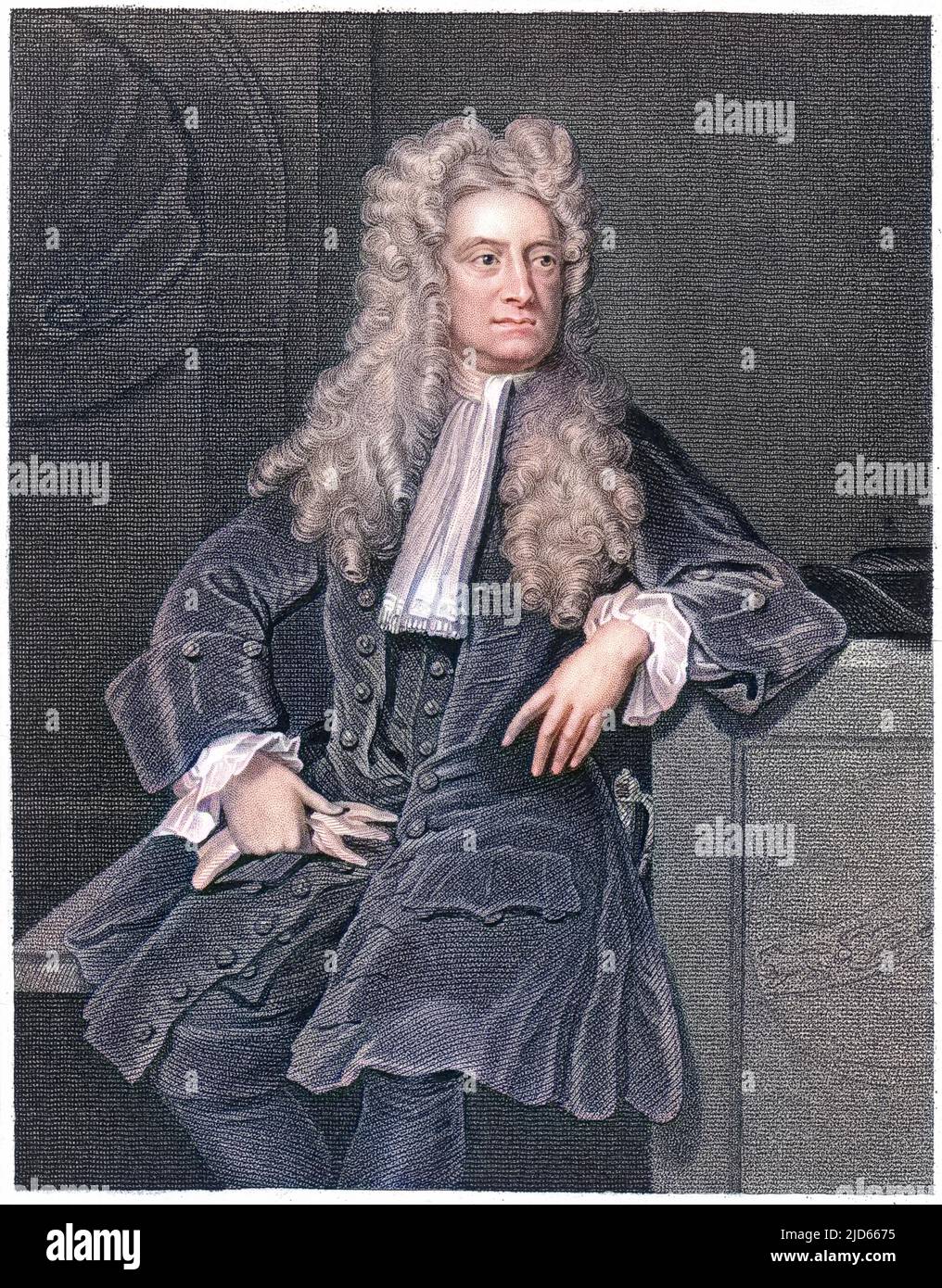 Sir Isaac Newton (1642 - 1727), englischer Mathematiker, Physiker, Astronom, Naturphilosoph, Alchemist, Theologe und Okkultist. Kolorierte Version von : 10005732 Datum: 1690s Stockfoto