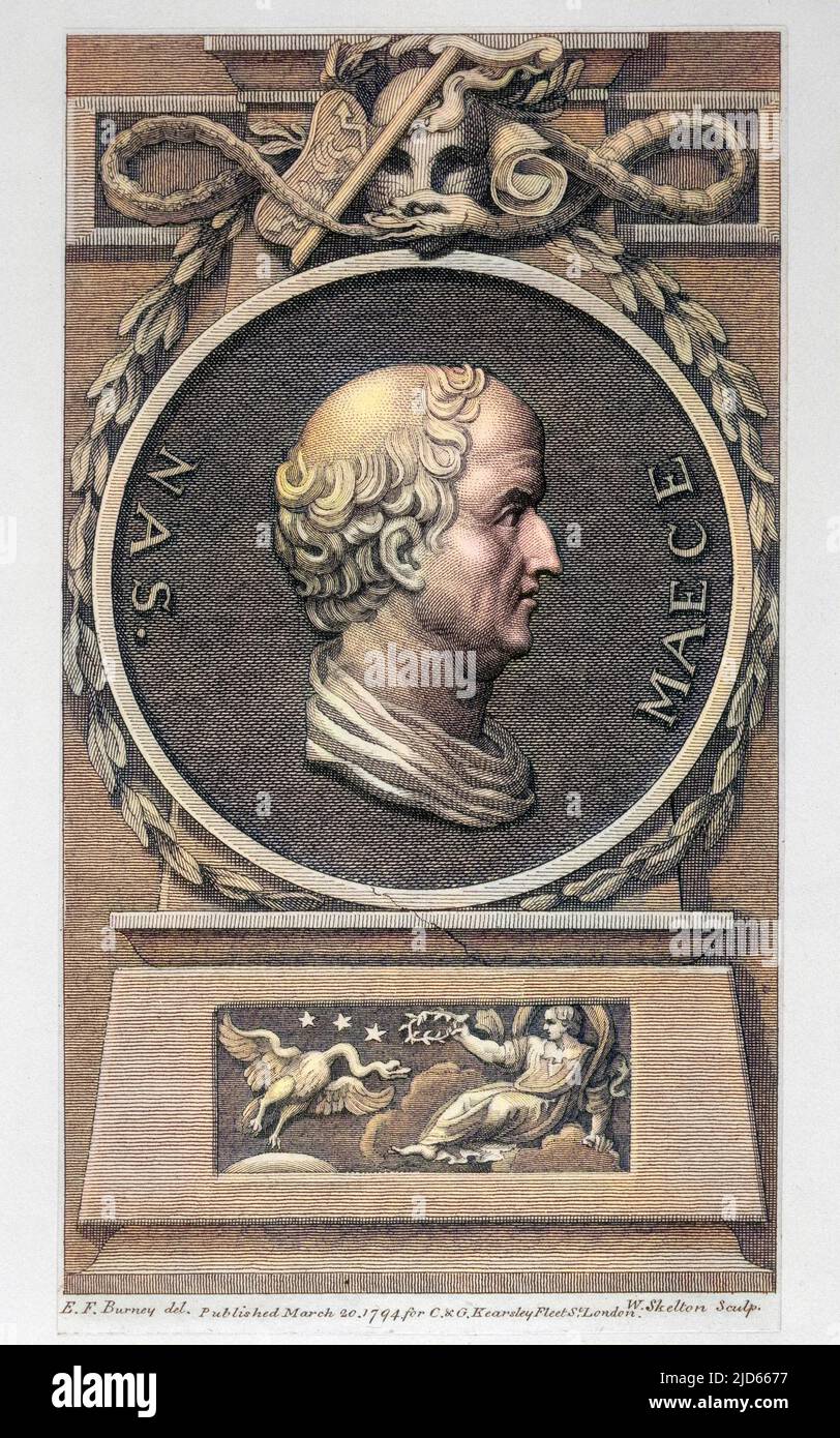 Gaius Cilnius Maecenas (70 - 8 v. Chr.), römischer Mäzen der Künste. Er war auch der Vertraute und Berater von Octavian, der Augustus Caesar wurde. Kolorierte Version von : 10005151 Datum: 20 v. Chr. Stockfoto