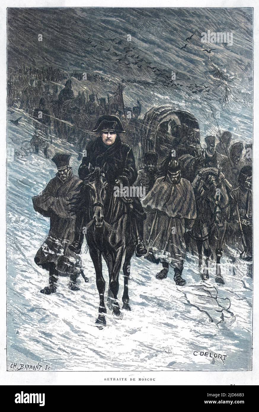 Napoleon auf dem Pferderücken, Rückzug aus Moskau. Kolorierte Version von : 10006322 Datum: 1812 Stockfoto