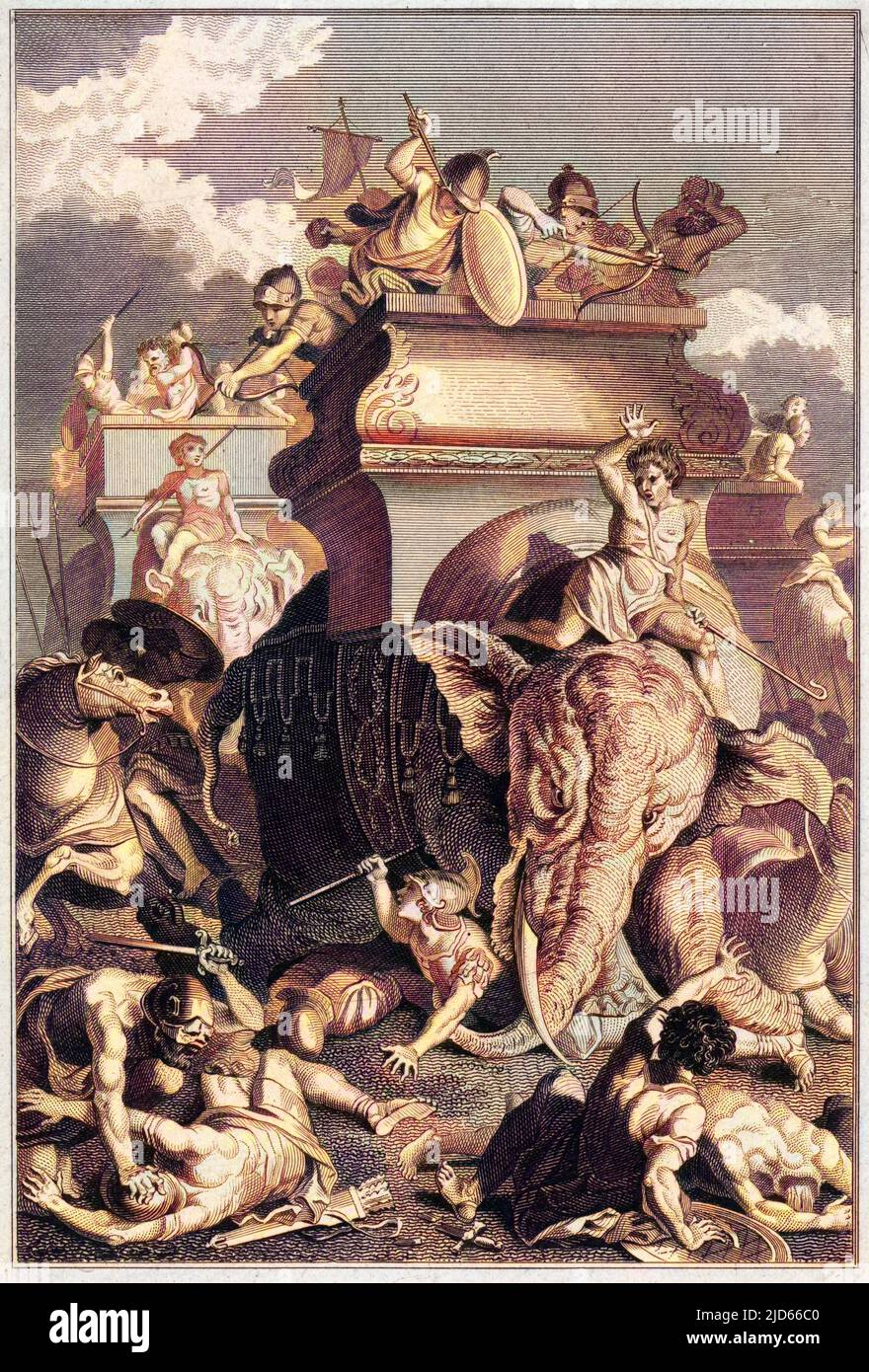 ZWEITER PUNISCHER KRIEG: Hannibal, der karthagische Führer, geht mit seinen Kriegselefanten in den Kampf gegen die Römer. Kolorierte Version von : 10006620 Datum: 218 v. Chr. Stockfoto