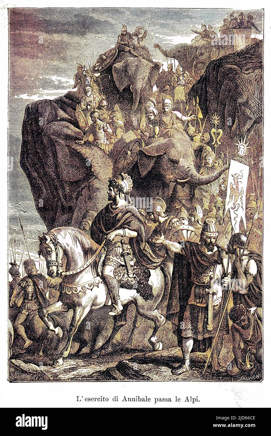 ZWEITER PUNISCHER KRIEG: Hannibal, der karthagische Führer, kam nach Italien, nachdem er mit seiner Armee, einschließlich Kriegselefanten, die Alpen überquert hatte. Es war eine lange Reise, die in Iberien begann und die Pyrenäen und die Alpen nach Norditalien durchquerte. Kolorierte Version von : 10006621 Datum: 218 v. Chr. Stockfoto
