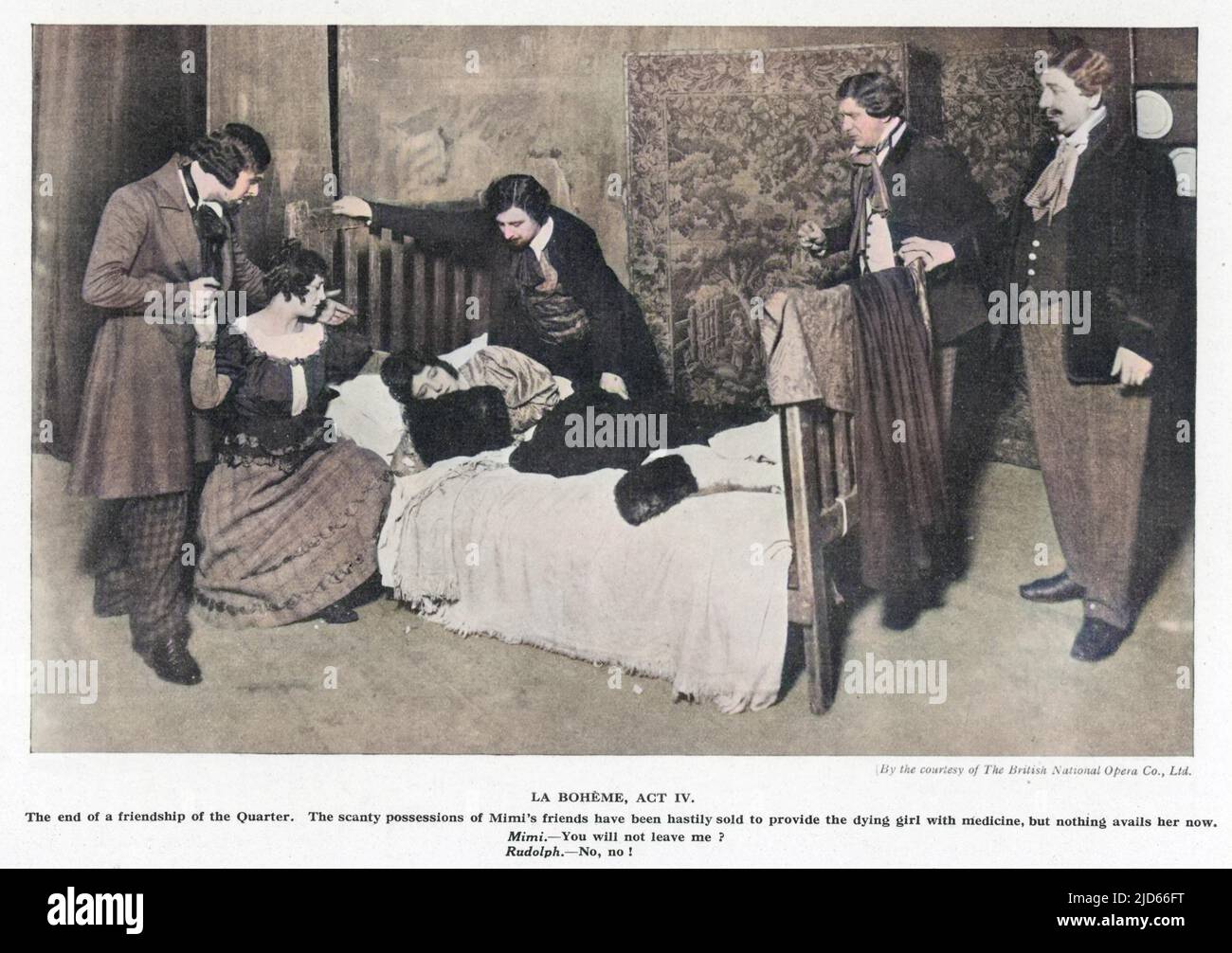 Tuberkulose fiktionalisiert und romantisiert in Puccinis Oper La Boheme, IV. Akt - Mimi stirbt. Kolorierte Version von : 10007201 Datum: Ca. 1920s Stockfoto