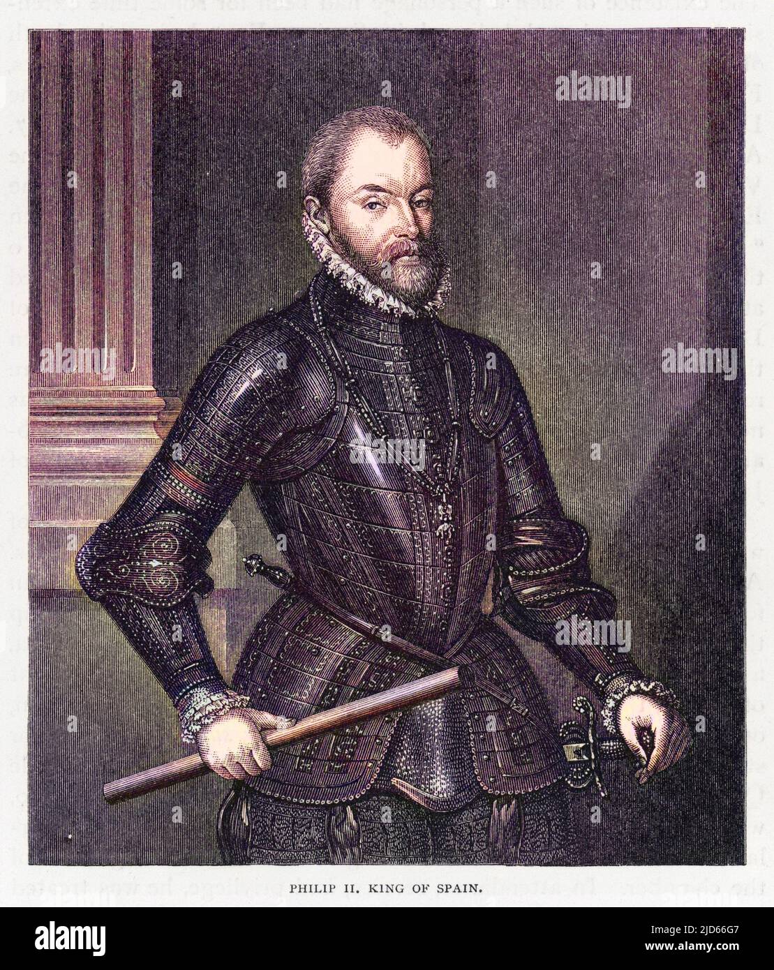 Philipp (Felipe) II., König von Spanien (regierte 1556-1598). Er war auch König von Portugal, Neapel und Sizilien und, während er mit Maria I., König von England und Irland, verheiratet war. Kolorierte Version von : 10007239 Datum: 1527 - 1598 Stockfoto