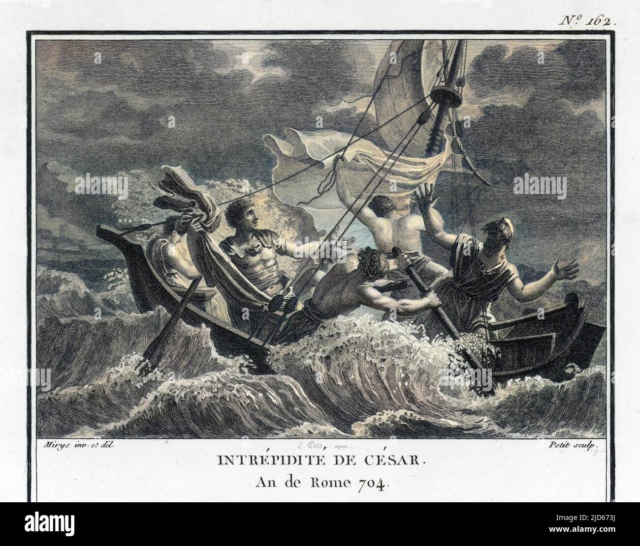 Julius Caesar, der von Marseille nach Epirus in Nordgriechenland segelt, verhält sich mit großem Mut während eines Sturms auf See Colorized Version of : 10012822 Datum: 48 v. Chr. Stockfoto