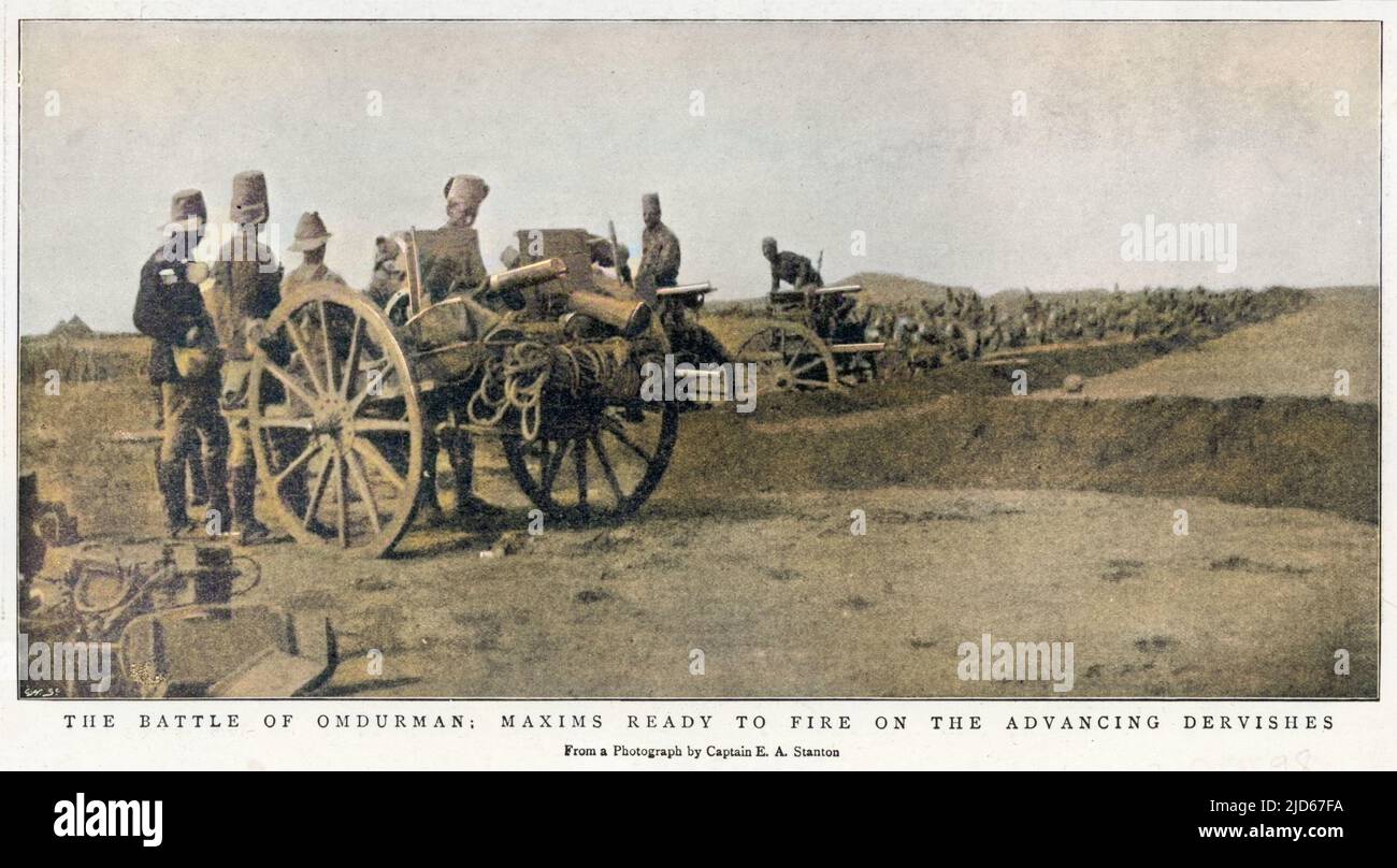 Schlacht von Omdurman: maxim-Geschütze bereit, auf die vorrückenden Derwische zu schießen. Kolorierte Version von : 10019289 Datum: 2.. September 1898 Stockfoto