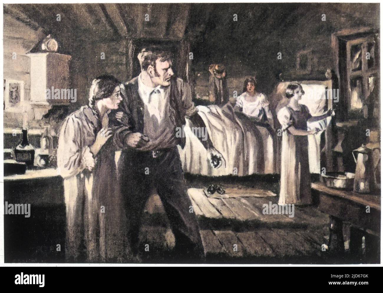 Die Familie Fox reagiert auf geheimnisvolle Ruppings in ihrem Haus in Hydesville, New York, die sie Geistern zuschreiben; dies führt zur Schaffung von Spiritualismus. Kolorierte Version von : 10019776 Datum: 31.. März 1848 Stockfoto