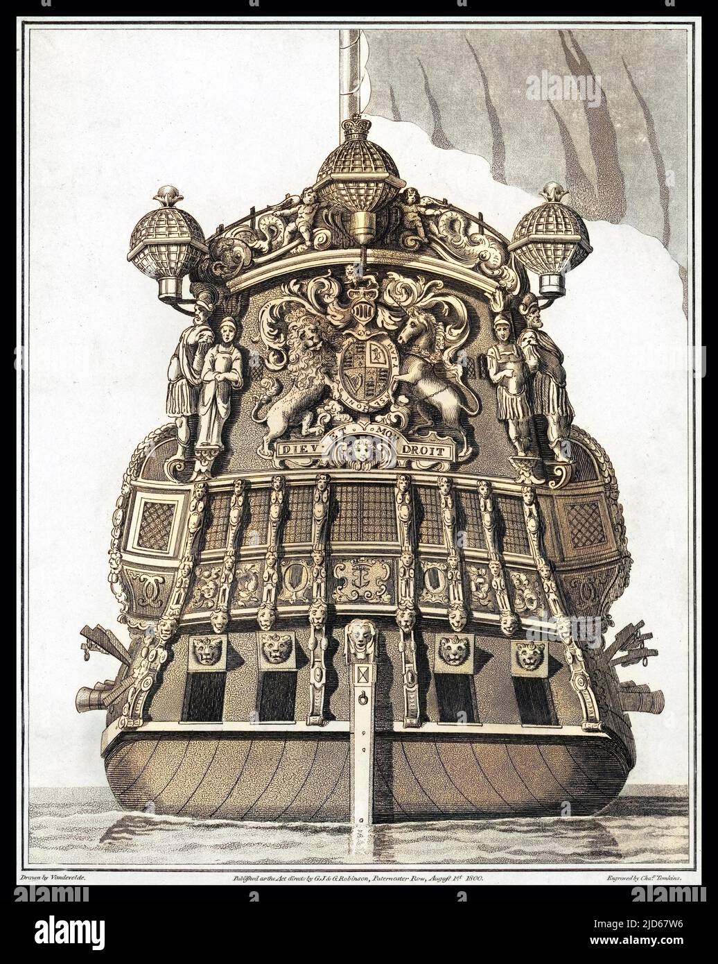 Das Heck eines britischen Kriegsschiffs mit dem britischen Wappen Colorized Version of : 10031885 Datum: Ende des 18.. Jahrhunderts Stockfoto
