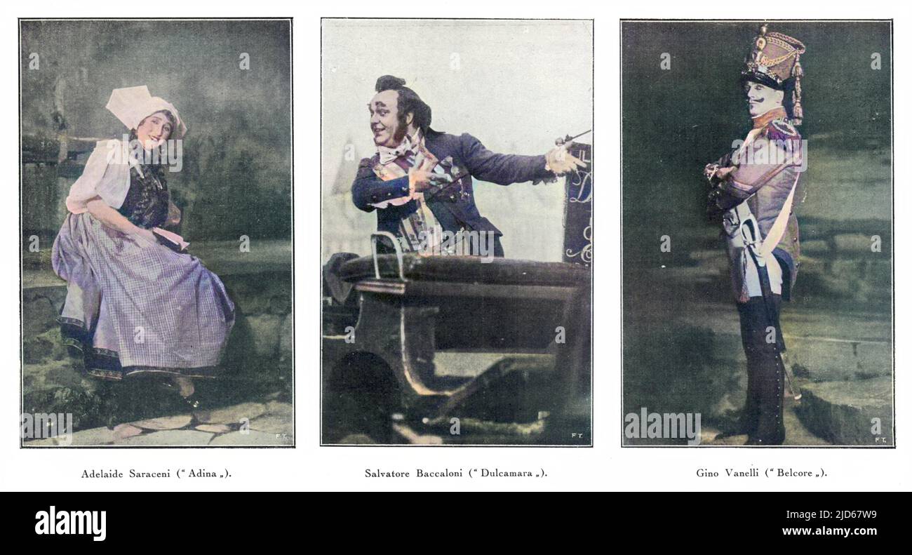 L'ELISIR D'AMORE 1. Adelaide Saraceni als Adina 2. Salvatore Baccaloni als Dulcamara 3. Gino Vanelli als Belcore an der Scala, Mailand, Italien. Kolorierte Version von : 10034080 Stockfoto