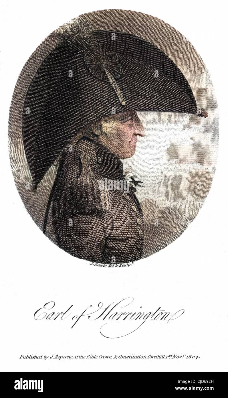CHARLES STANHOPE, dritter earl of HARRINGTON (1753 - 1829), Militärkommandant : aber hat er wirklich eine so massive Kopfbedeckung getragen ? Kolorierte Version von : 10160403 Stockfoto