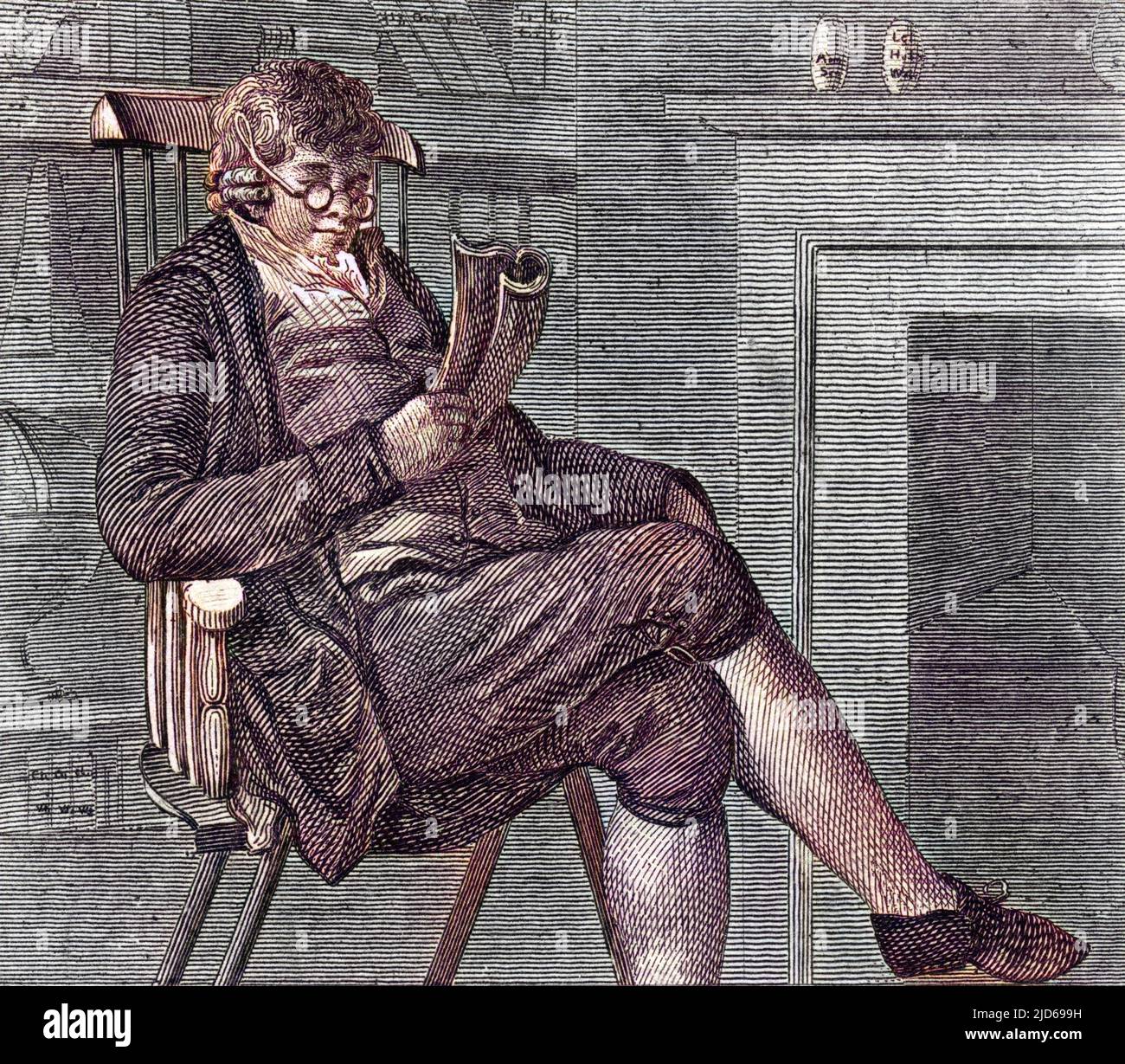 JOHN HOLT Antiquariat, dargestellt Lesung an seinem Kamin colorized Version von : 10161107 Datum: 1743 - 1801 Stockfoto