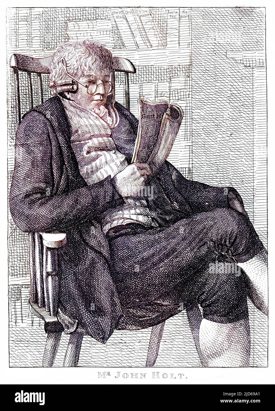 JOHN HOLT Antiquariat, dargestellt Lesung an seinem Kamin colorized Version von : 10161105 Datum: 1743 - 1801 Stockfoto