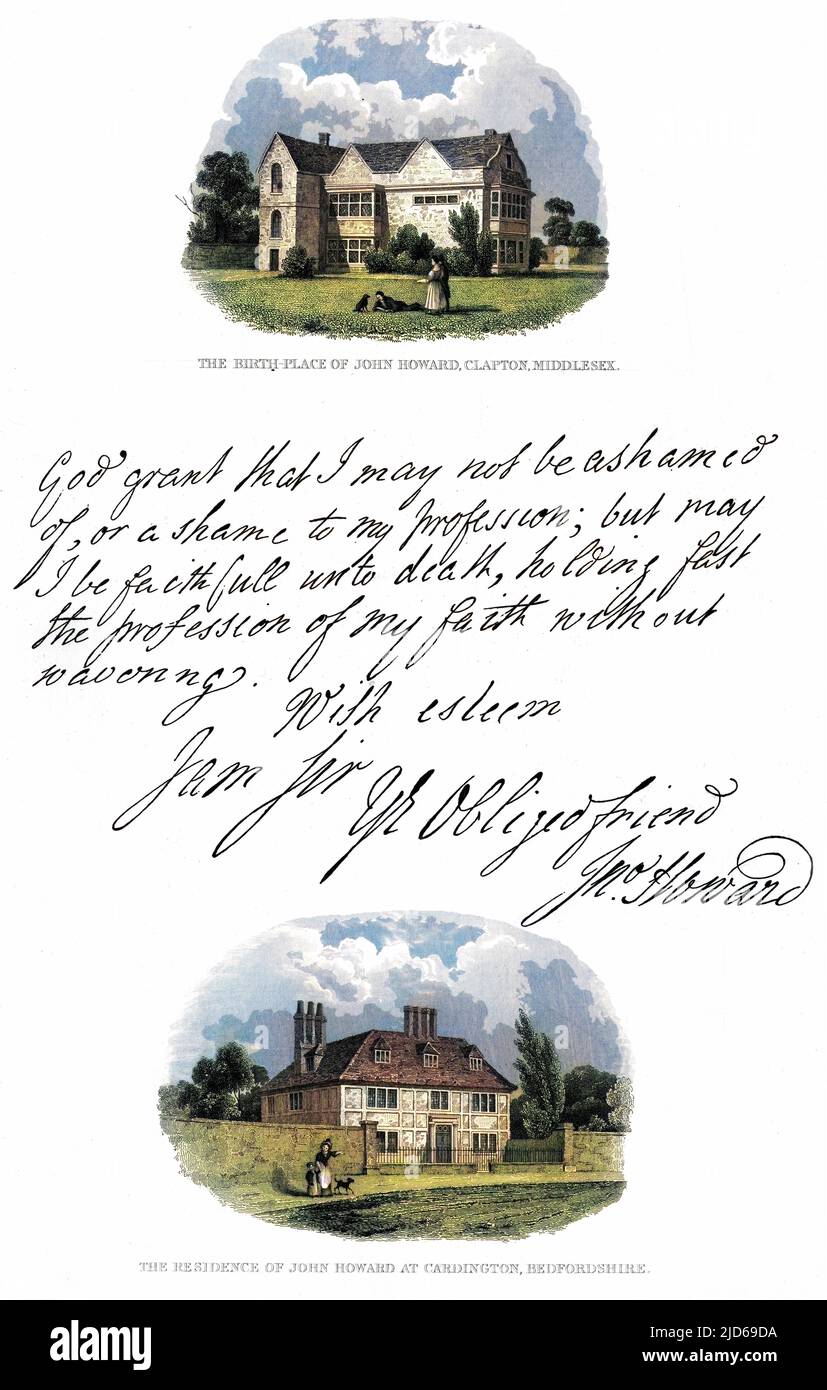 Der Geburtsort des Gefängnisreformers JOHN HOWARD in Clapton und das Haus, in dem er in Cardington in Bedfordshire wohnte. Kolorierte Version von : 10161338 Datum: 1726 Stockfoto