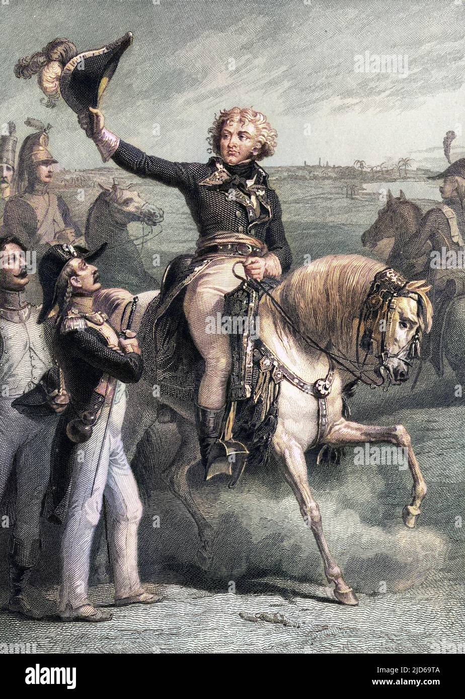 JEAN-BAPTISTE KLEBER Französischer Militärkommandeur winkte seinen Männern nach dem Sieg von Heliopolis in Ägypten zu, als 10000 von ihnen 70000 Türken verübten. Kolorierte Version von : 10162301 Datum: 1753 - 1800 Stockfoto