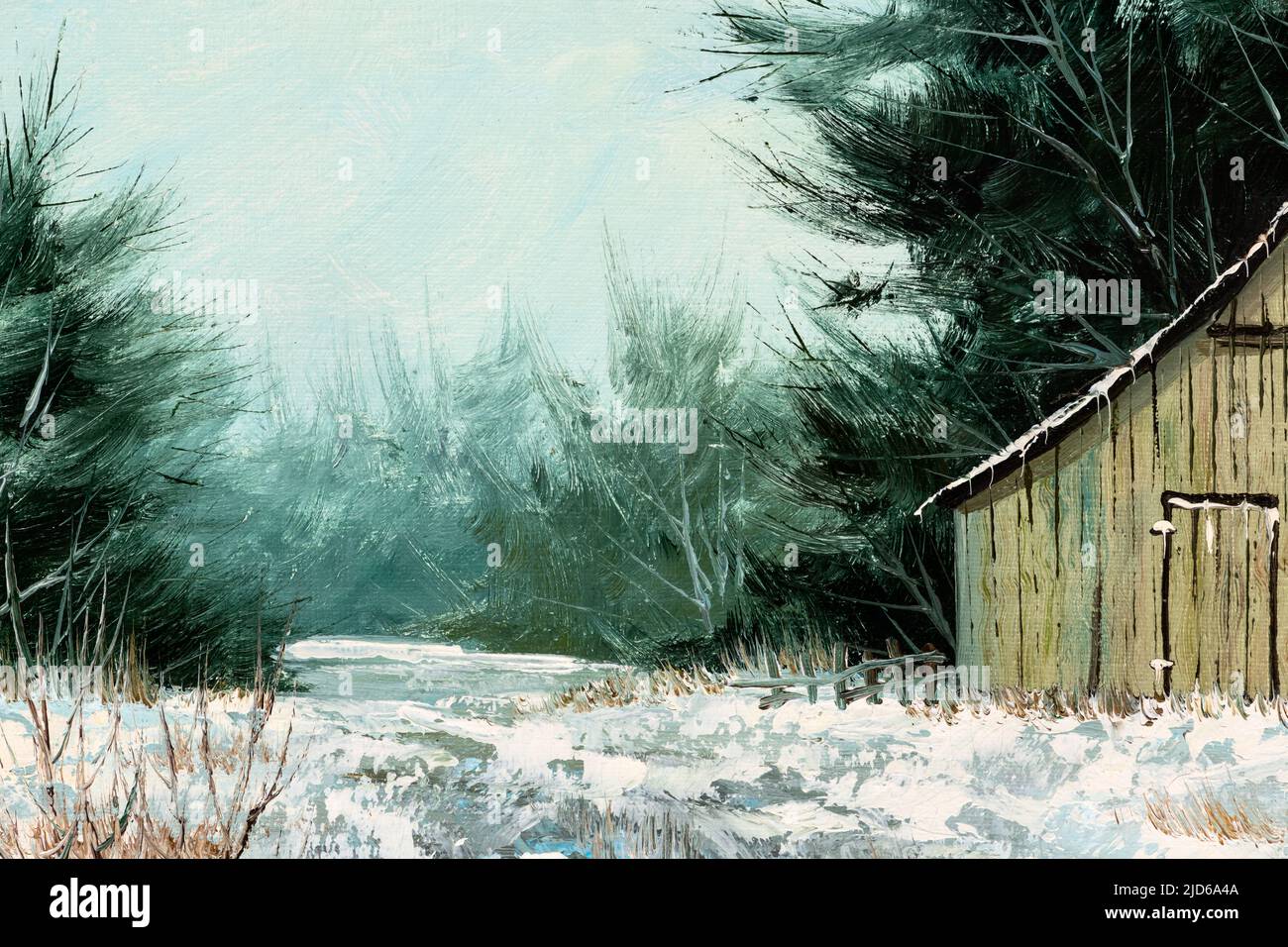 Ölgemälde eines alten Scheunenhauses in der Winterlandschaft. Weihnachtsfeiertage oder Old West Konzept. Stockfoto