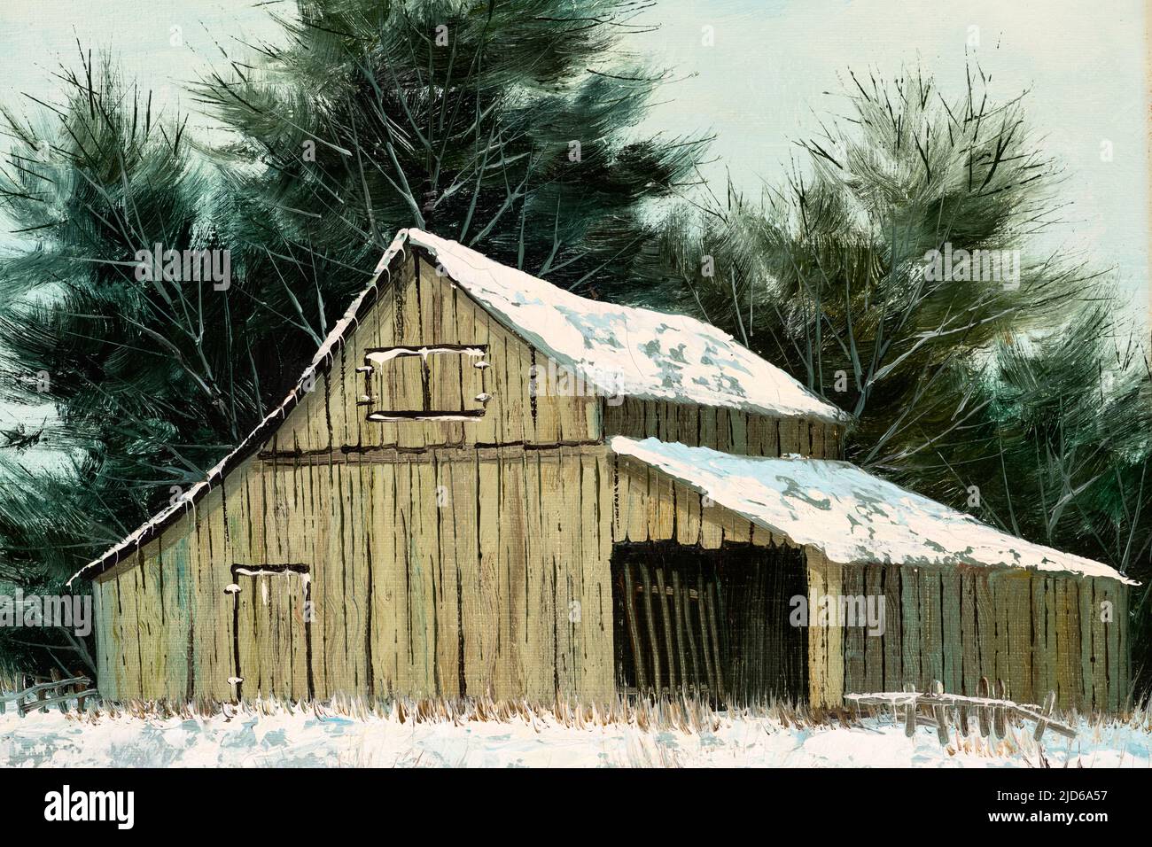Ölgemälde eines alten Scheunenhauses in der Winterlandschaft. Weihnachtsfeiertage oder Old West Konzept. Stockfoto