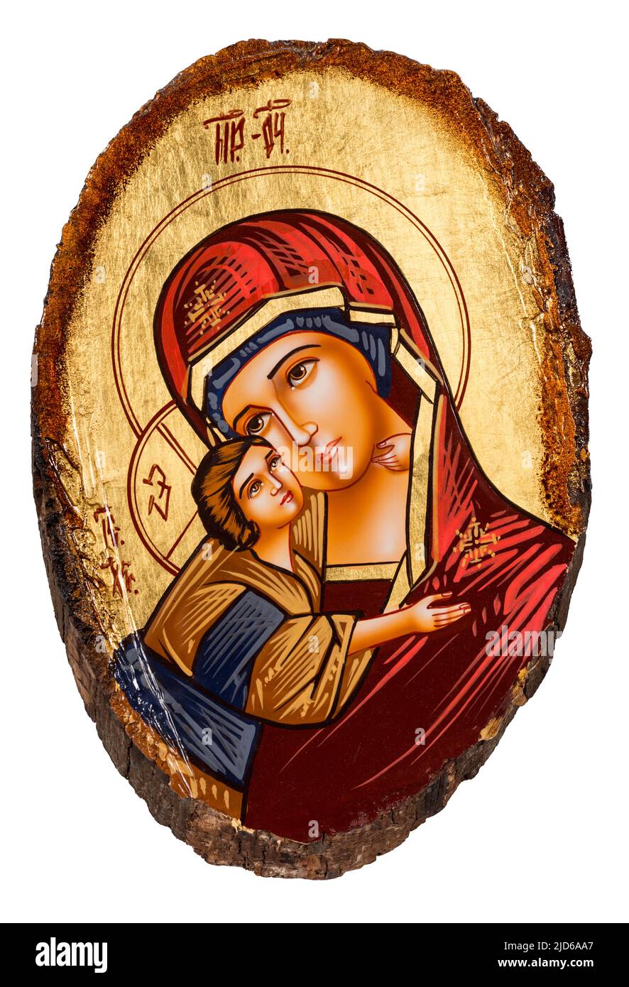 Ikone im byzantinischen oder orthodoxen Stil, die Jungfrau Maria und Jesuskind darstellt. Malen auf einem Holz, das aus einem Baumstamm geschnitten wurde. Stockfoto