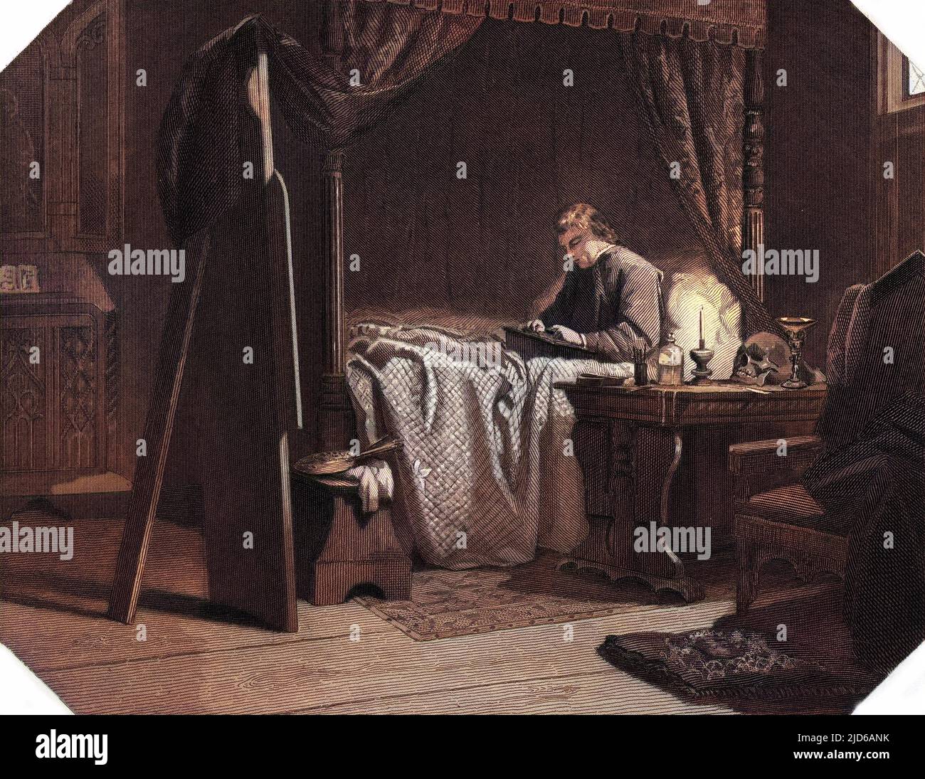 LUCAS VAN LEYDEN holländischer Künstler, dargestellt als er im Bett arbeitete. Kolorierte Version von : 10163793 Datum: 1494 - 1533 Stockfoto