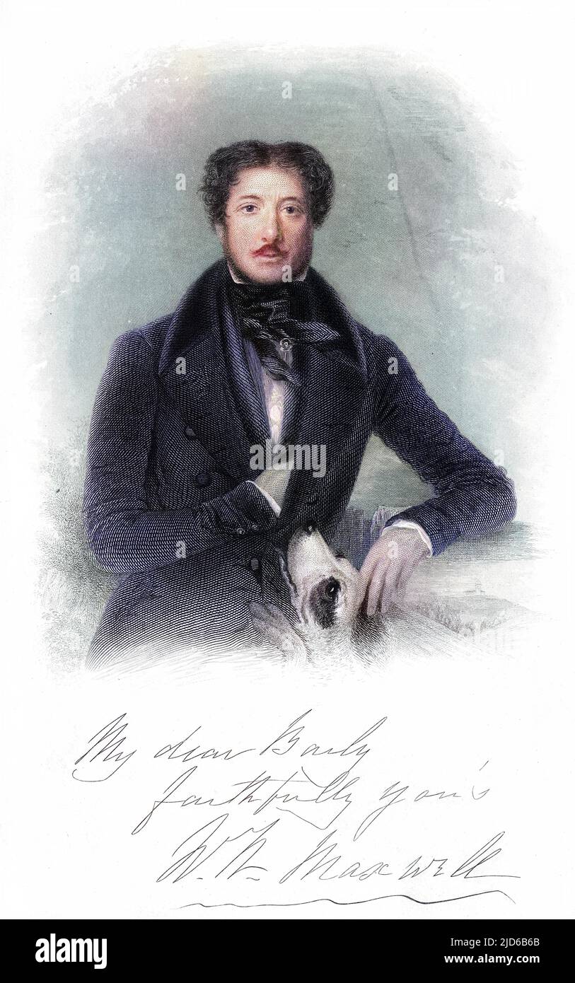 WILLIAM HAMILTON MAXWELL Irischer Schriftsteller mit einem seiner Hunde. Kolorierte Version von : 10164708 Datum: 1792 - 1850 Stockfoto