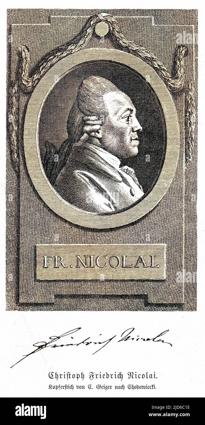 CHRISTOPH FRIEDRICH NICOLAI, deutscher Buchhändler und Autor, bekannt für seine bemerkenswerten Halluzinationen, ein Klassiker in der psychologischen Literatur. Kolorierte Version von : 10167334 Datum: 1733 - 1811 Stockfoto