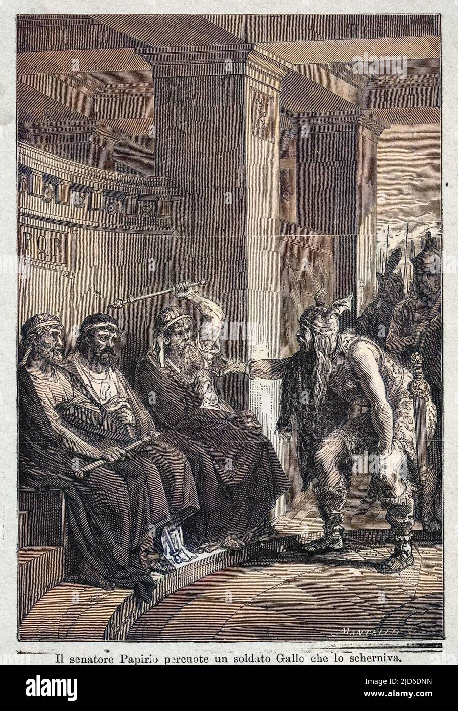 Der römische Senator Papirio wird von einem eindringenden Gallier verspottet und schlägt ihn mit seinem zeremoniellen Stab, für den er getötet wird. Kolorierte Version von : 10191946 Datum: 390 v. Chr. Stockfoto