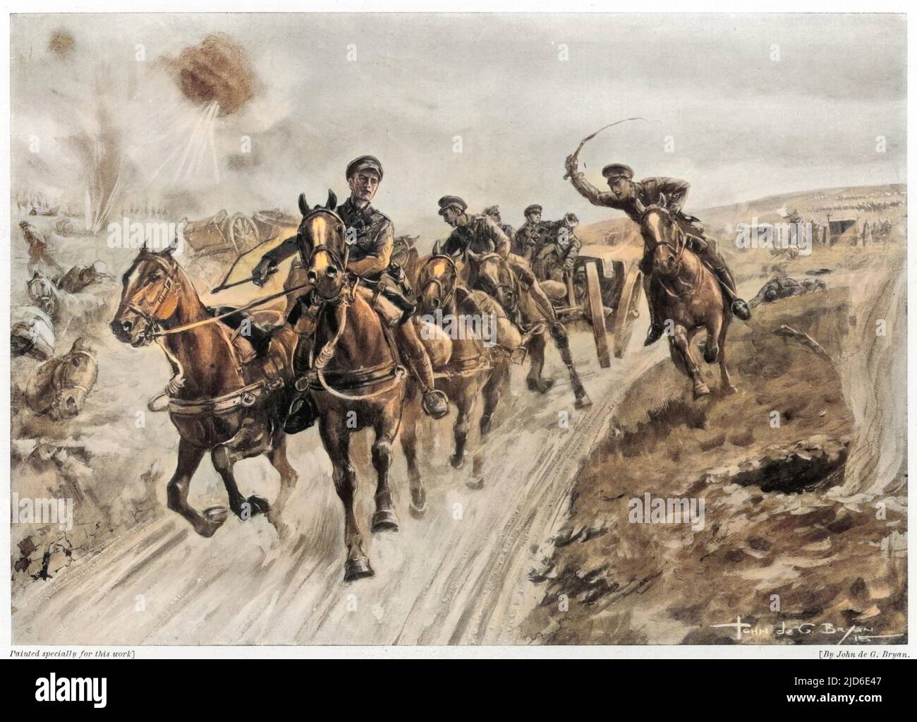 Da die deutschen Truppen fast die Artillerie in Le Cateau in Nordfrankreich erreichen, führt Kapitän Douglas Reynolds eine heldenhafte Nachhut-Aktion an. Nachdem zwei Teams von Pferden in der Hoffnung, mindestens zwei Gewehre zu retten, aufgezogen wurden, wurde ein Team von Männern schnell abgeschossen. Reynolds, mit den Fahrern Frederick Luke, Job H.C. Drain und Gobley starten mit einer Pistole. Gobley wurde schnell getroffen, aber als Reynolds neben dem jetzt ungeführten Mittelhortenpaar ritt, wurde die Waffe gerettet. Reynolds, Luke und Drain wurden für ihre heldenhaften Taten mit Victoria-Kreuzen ausgezeichnet. Reynolds starb nach einer Verwundung im Jahr 1 Stockfoto