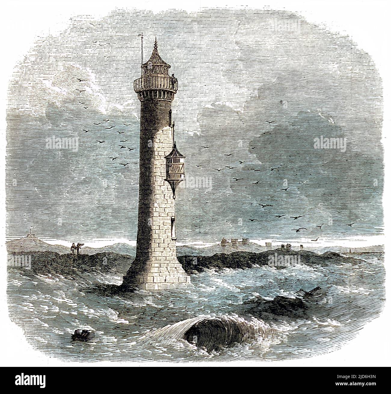 Lytham Leuchtturm, Lancashire, der circa erbaut wurde. 1848 und wurde durch schwere Stürme zerstört. Kolorierte Version von: 10216599 Datum: 1863 Stockfoto