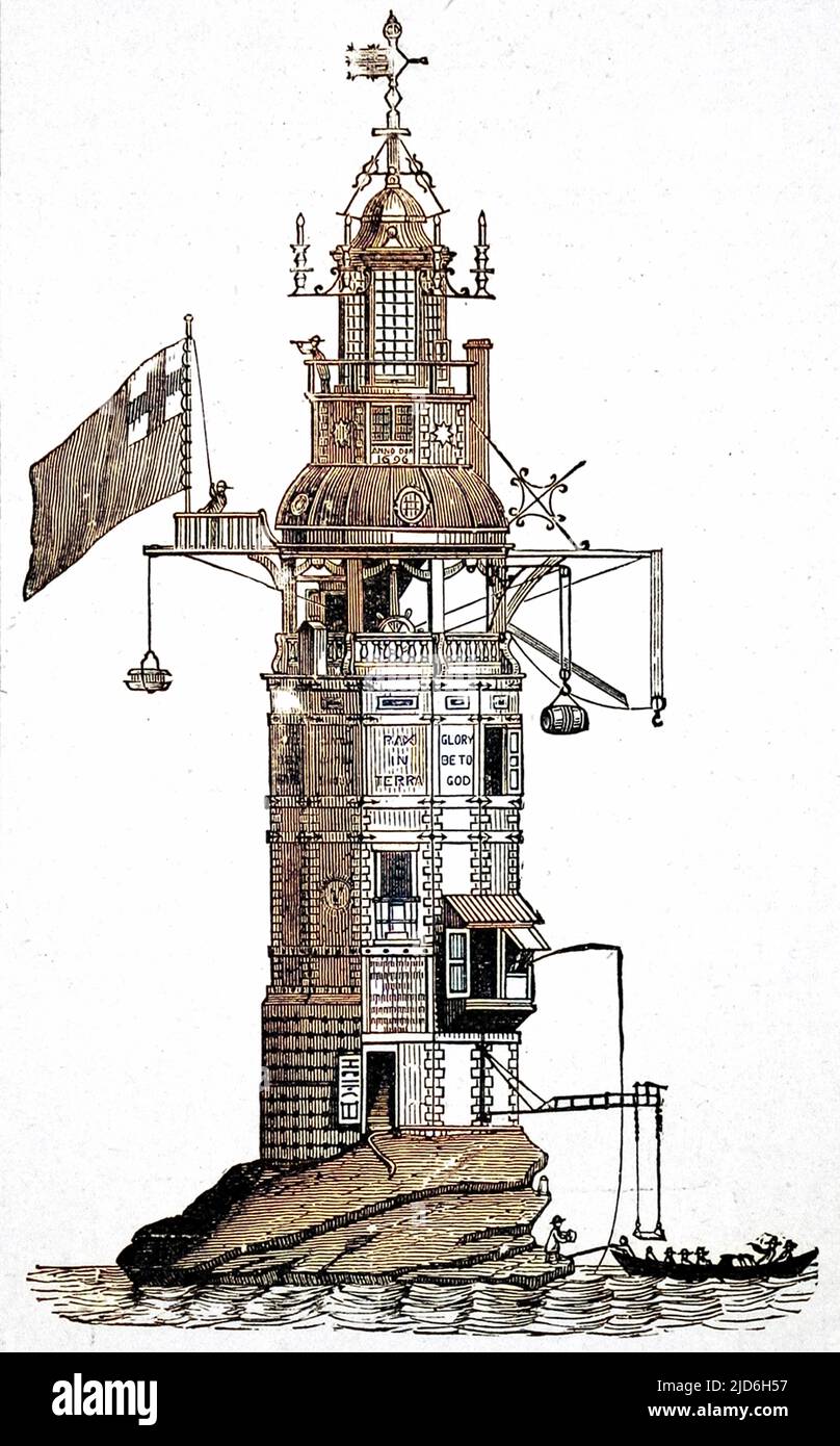 Gravur des 1698 von Henry Winstanley erbauten Leuchtturms von Eddystone, der 1703 bei einem Sturm zerstört wurde. Winstanley, ein Londoner Kaufmann, hatte eine Reihe von Schiffen auf den Eddystone-Felsen verloren und war der erste, der dort einen Leuchtturm baute. Kolorierte Version von: 10216376 Datum: 1895 Stockfoto
