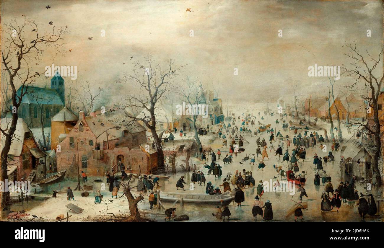 Winterlandschaft mit Eisläufern. Hendrick Avercamp. 1608 Stockfoto