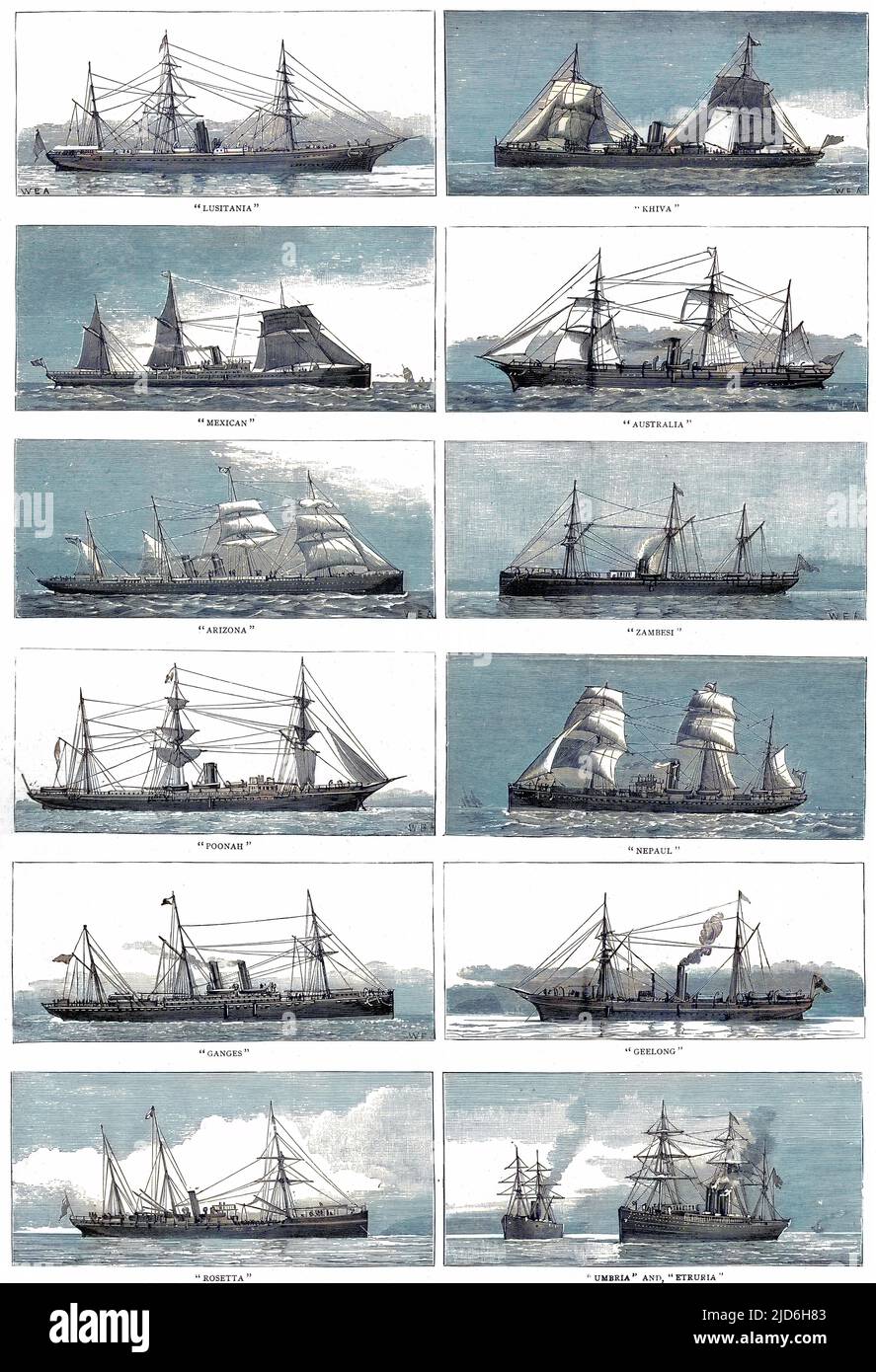 Dampfschiffe „Lusitania“, „Khiva“, „Mexican“, „Australia“, „Arizona“, „Zambesi“, „Poonah“, „Nepaul“, „Ganges“, „Geelong“, „Rosetta“, „Umbria“ und „Etruria“ (von links nach rechts, von oben nach unten). Diese Schiffe der Linien P&O, Cunard, Orient, Union und Guion gehörten zu den 150 Handelsschiffen, die die britische Regierung hätte im Falle eines Krieges mit Russland als bewaffnete Kreuzfahrer hätte überführen können. Kolorierte Version von: 10216372 Datum: 1885 Stockfoto