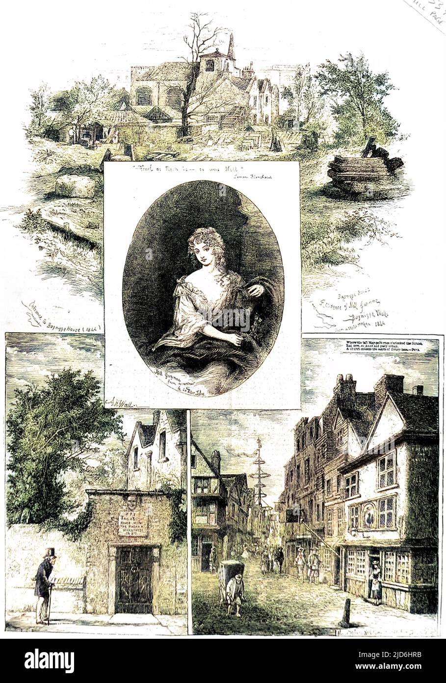 Nell Gwynn (1650 - 1687), die englische Schauspielerin und Geliebte von König Karl II., und zwei der Häuser, in denen sie lebte. Die Bilder oben und unten links zeigen das Bagnigge House, Bagnigge Wells, im Jahr 1844. Das Bild unten rechts zeigt das Haus in der Drury Lane, in dem Nell lebte. Kolorierte Version von: 10221474 Stockfoto