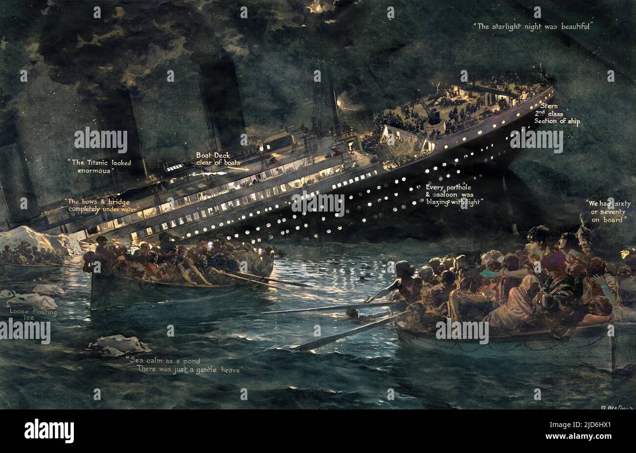 Die Titanic sinkt mit all ihren Lichtern. Im Vordergrund sind Rettungsboote voller Überlebende zu sehen. Datum: 15.. April 1912 Stockfoto
