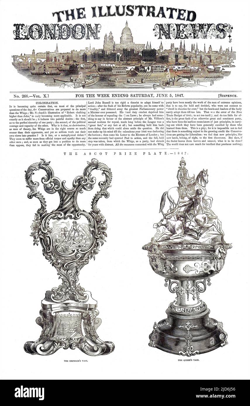 Die Ascot-Preisplatte, die die Vase des Imperators und die Vase der Königin zeigt. Kolorierte Version von: 10507166 Datum: 1847 Stockfoto