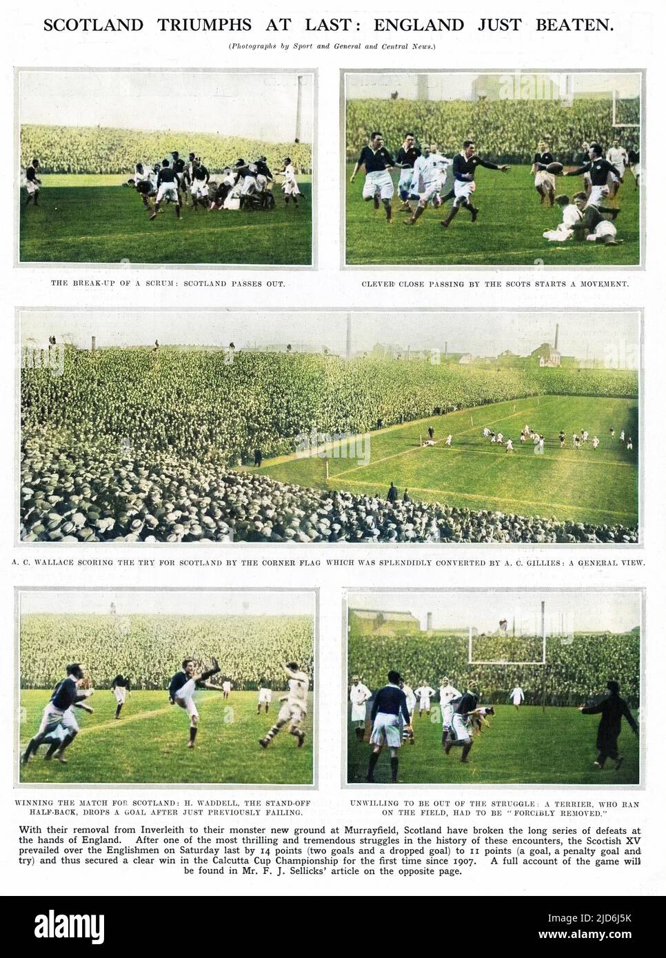 Schottland trickisiert sich in der Calcutta Cup-Meisterschaft über England, während des Eröffnungsspiels für das neu erbaute Murrayfield-Stadion, das im März 1925 eingeweiht wurde. Kolorierte Version von: 10510951 Datum: 1925 Stockfoto