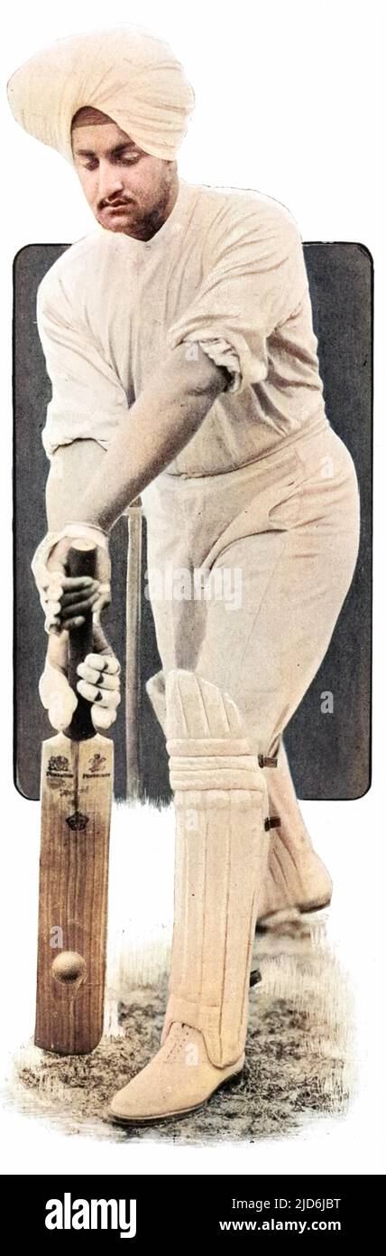 Maharajah Bhupinder Singh aus Patiala (1891 - 1938) spielt Cricket. Der Maharadscha, der vielleicht am besten für seine Extravaganz bekannt ist, arbeitete dennoch für die Verbesserung der sozialen Bedingungen in seinem Königreich. Er war auch ein großer Schirmherr des Sports und ein erstklassiger Cricketer. Er leitete die indische Cricket-Mannschaft, die 1911 nach England reiste und als Mitglied des Marylebone Cricket Club spielte. Kolorierte Version von: 10528259 Datum: 1909 Stockfoto