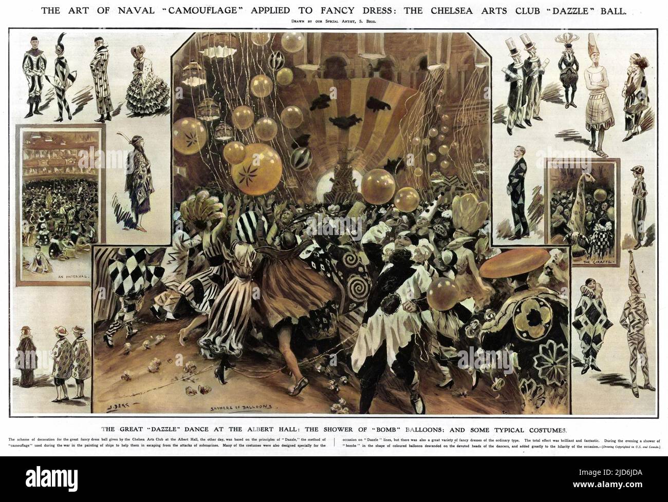 Ein extravaganter Ballkleid, der vom Chelsea Arts Club in der Albert Hall gegeben wird. Sie basierte auf den Prinzipien von "Dazzle", der Methode der Tarnung, die während des Krieges bei der Bemalung von Schiffen verwendet wurde, um ihnen zu helfen, den Angriffen von U-Booten zu entkommen. Kolorierte Version von: 10609773 Datum: 1919 Stockfoto