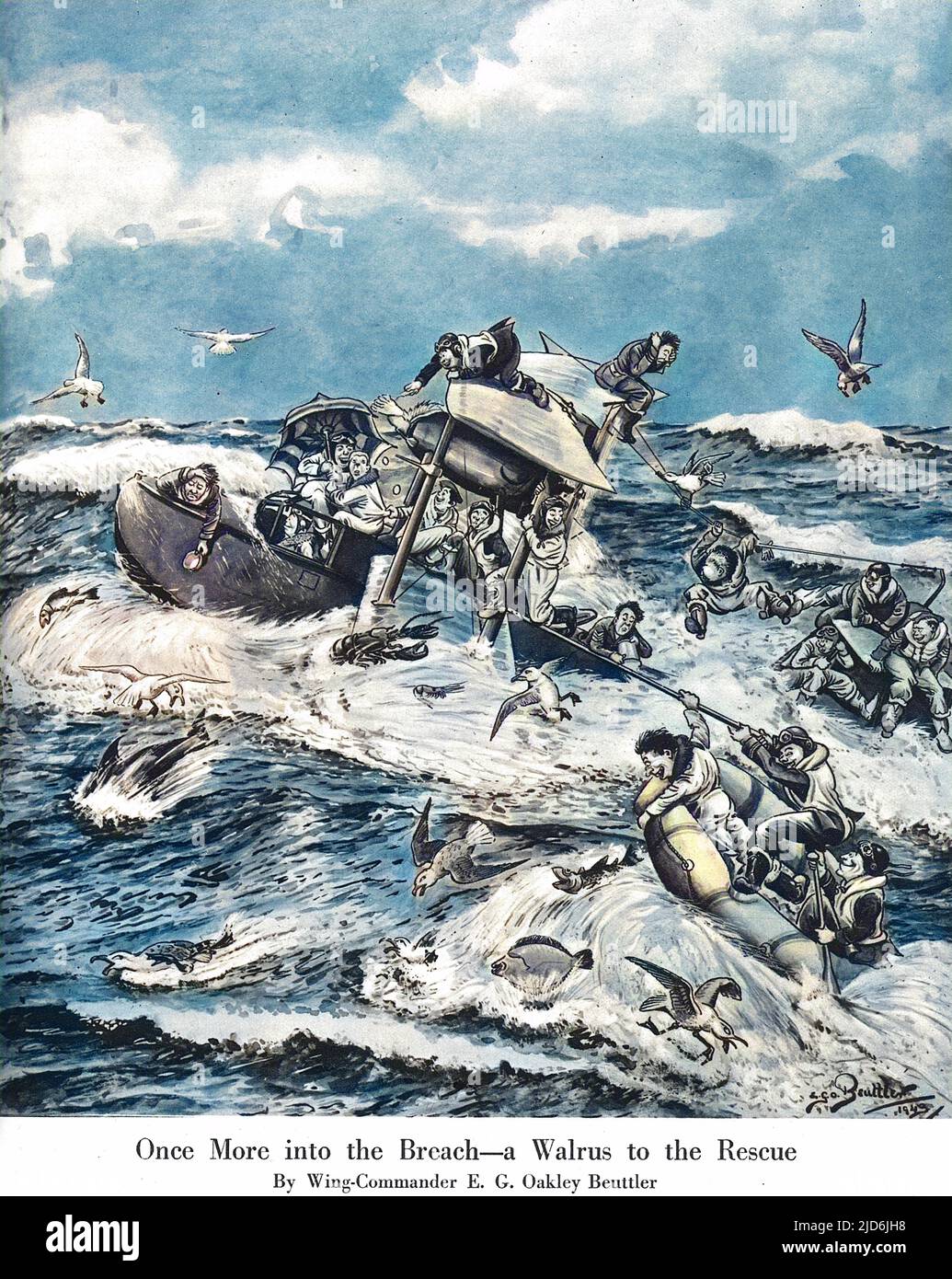 Humorvolle Illustration von Z. B. Oakley-Beuttler, die die Luft-See-Rettung durch einen Shagbat-Amphibienflugzeug (bekannt als Walrus) über der Nordsee während des Zweiten Weltkriegs darstellt. Als das Flugzeug acht Männer in einem Dingy ausfindig machte, stieg es auf das Meer und nahm sie alle an Bord. Zu schwer, um auf rauer See abzuheben, fuhr der Pilot über 60 Meilen zum Hafen. Kolorierte Version von: 11070697 Datum: 1943 Stockfoto