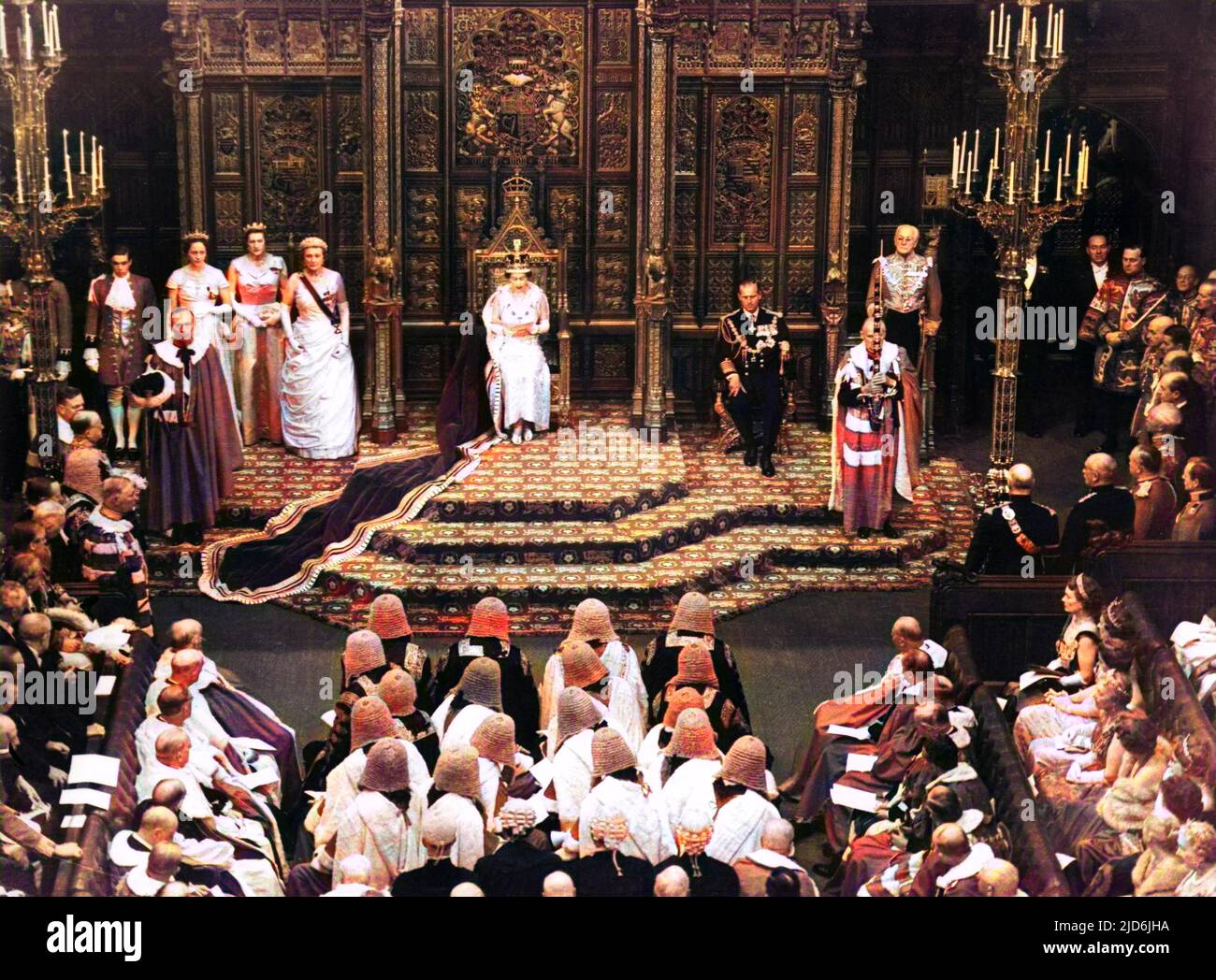 The State Opening of the Great British Parliament - House of Lords, Houses of Parliament, London, England Kolorierte Version von: 10720112 Datum: Ca. 1959 Stockfoto