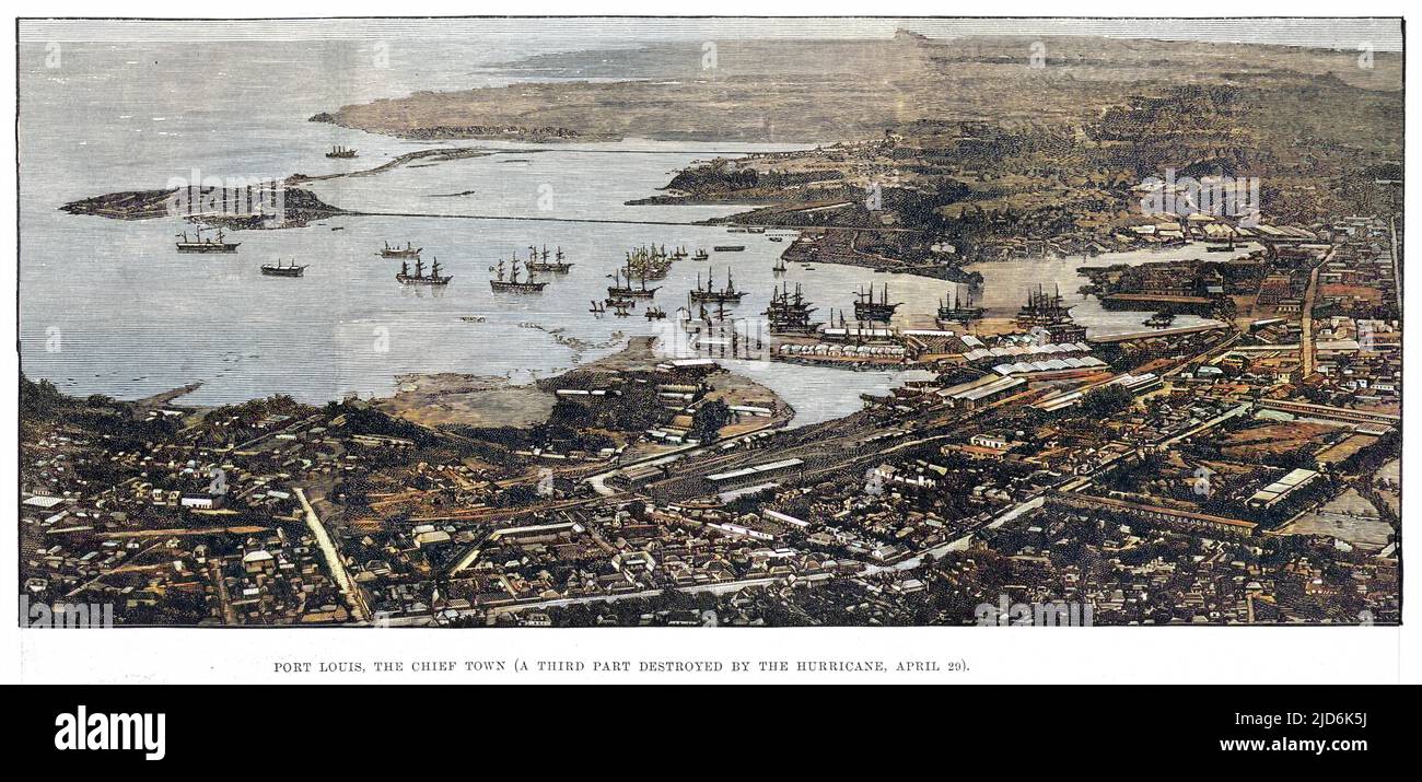 Blick aus der Vogelperspektive auf den Hafen von Port Louis, bevor in diesem Jahr ein Drittel der Stadt durch einen Hurrikan zerstört wurde. Kolorierte Version von: 10214804 Datum: 1892 Stockfoto