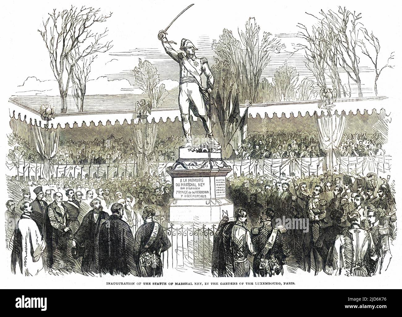 Eine Statue von le marechal Ney wird von Napoleon III. In den Gärten von Luxemburg, Paris, eingeweiht. Kolorierte Version von: 10167304 Datum: 1853 Stockfoto
