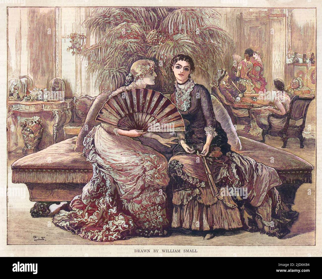 Modische aristokratische Damen warten darauf, dass ihre modischen Männer ihren Hafen und ihre Zigarren nach dem Abendessen beenden. Kolorierte Version von: 10000819 Datum: 1882 Stockfoto