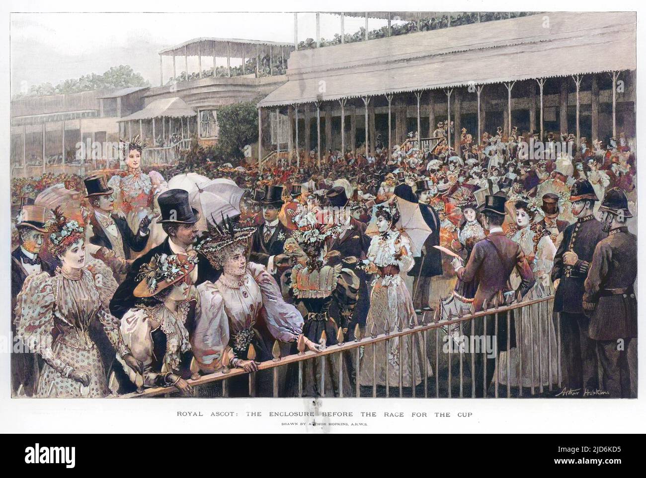 Privilegierte Rennfahrer in der Anlage vor dem Rennen um den Ascot Gold Cup: Polizei ist bei Problemen zur Stelle... Kolorierte Version von: 10056574 Datum: 1895 Stockfoto