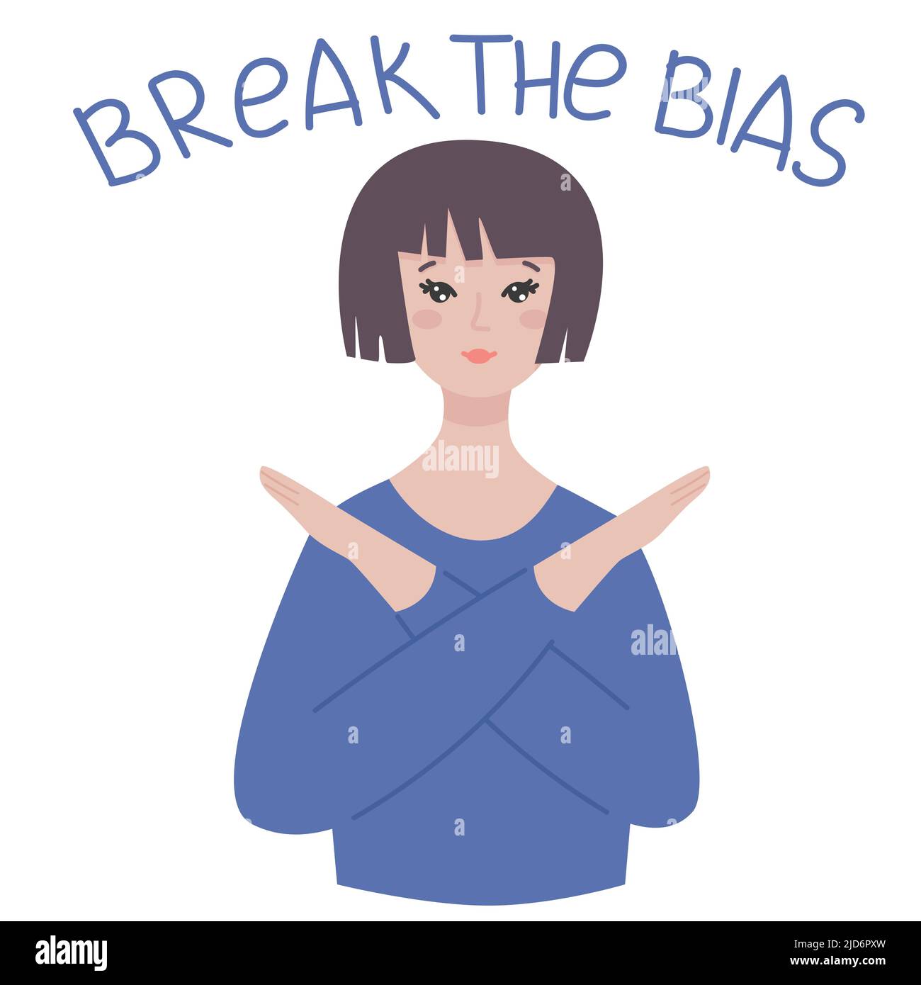 Junge weiße Frau, die gestikuliert, bricht die Bias zur Unterstützung des Internationalen Frauentags. Auf weißem Hintergrund isolierte Vektorgrafik Stock Vektor