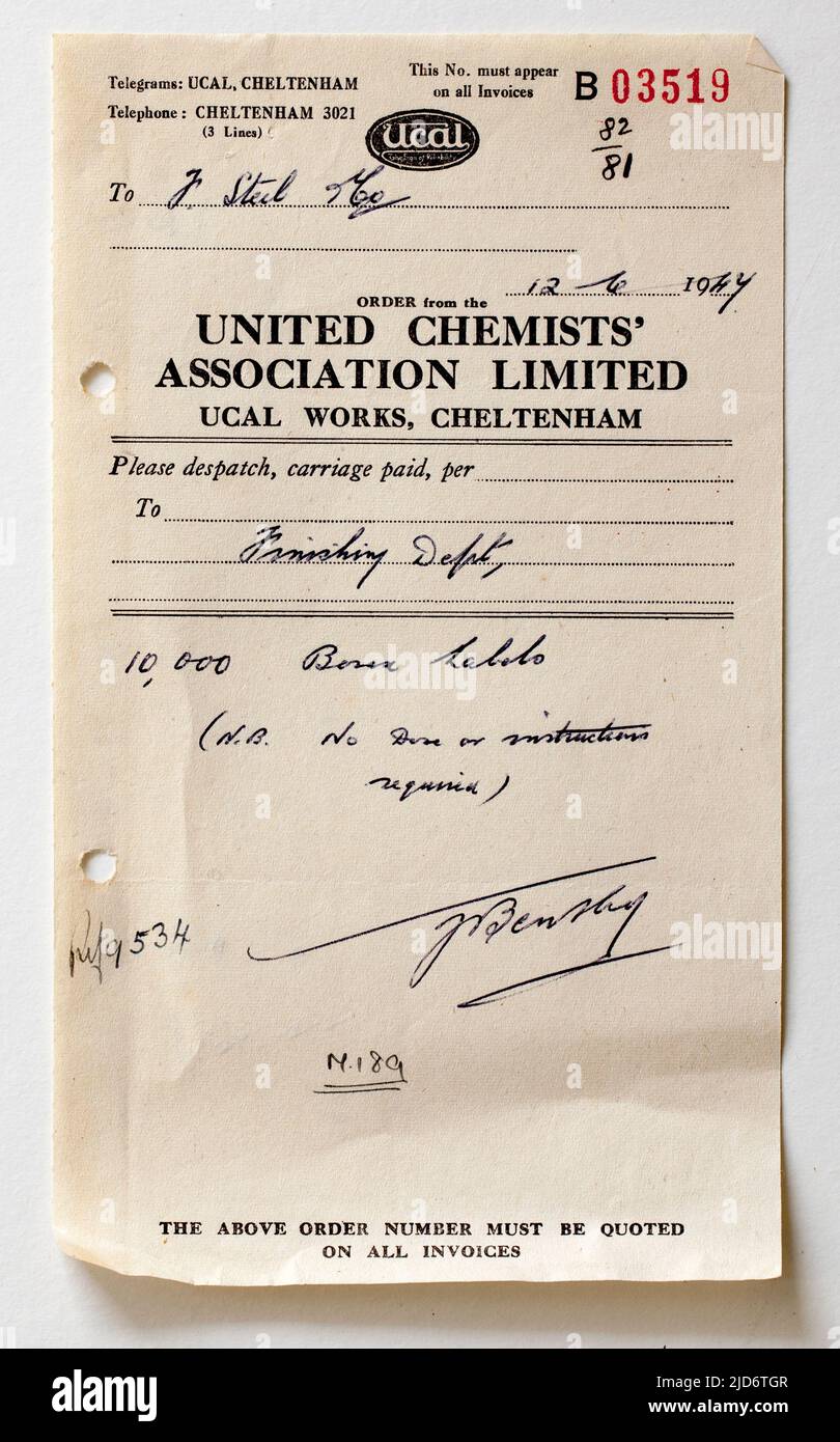 1940s Beleg für die Geschäftsabrechnung für Verbrauchsmaterialien von United Chemists Association Ltd Stockfoto