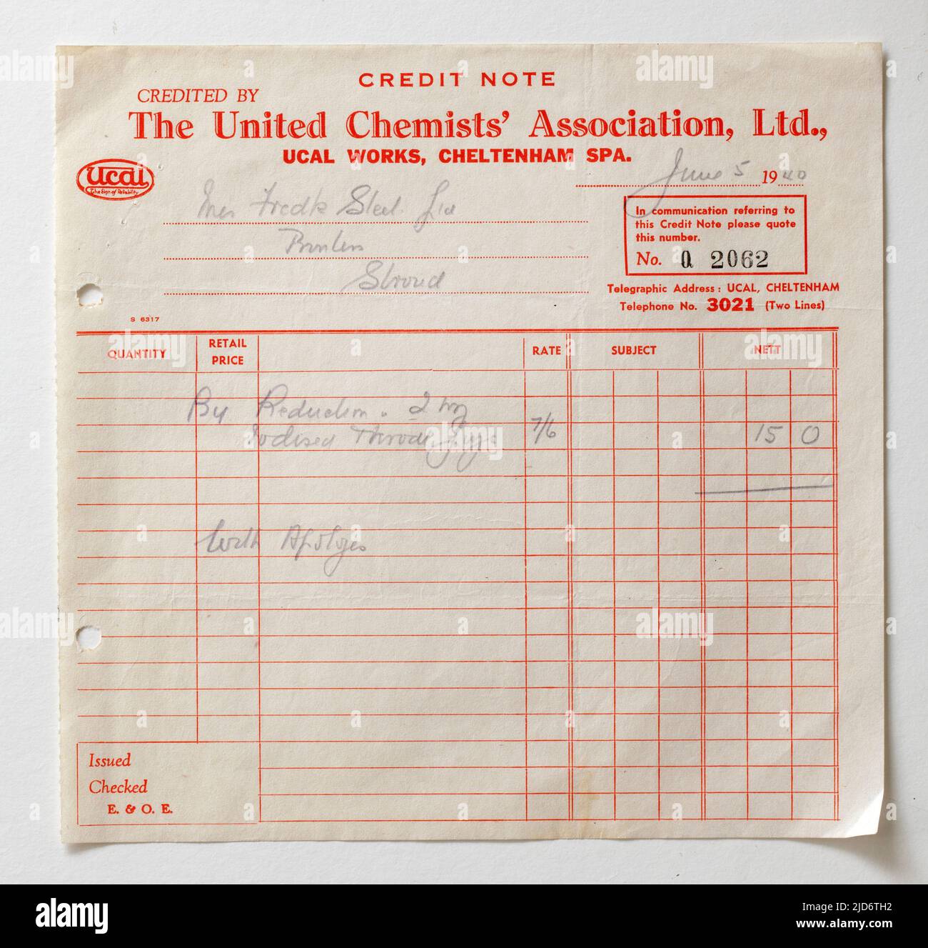 1940s Beleg für die Geschäftsabrechnung für Verbrauchsmaterialien von United Chemists Association Ltd Stockfoto