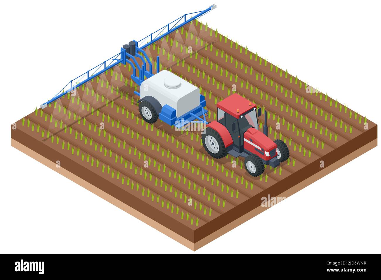 Isometrischer Traktor, der Pestizide auf dem Feld sprüht. Insektizid Herbizid Chemikalien in der Landwirtschaft Stock Vektor